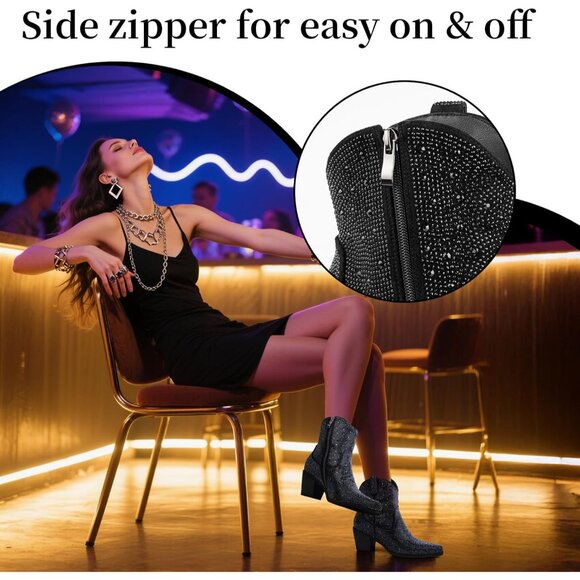 ⚡Women’s Ankle Rhinestone Black Cowboy Boots Mid Calf Pointed Toe Block Heel - Picture 5 of 6